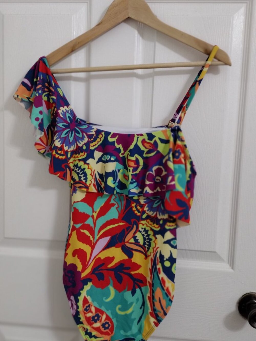 Tahari One Shoulder Ruffle Swimsuit Multicolor Print Size Small - Picture 4 of 7